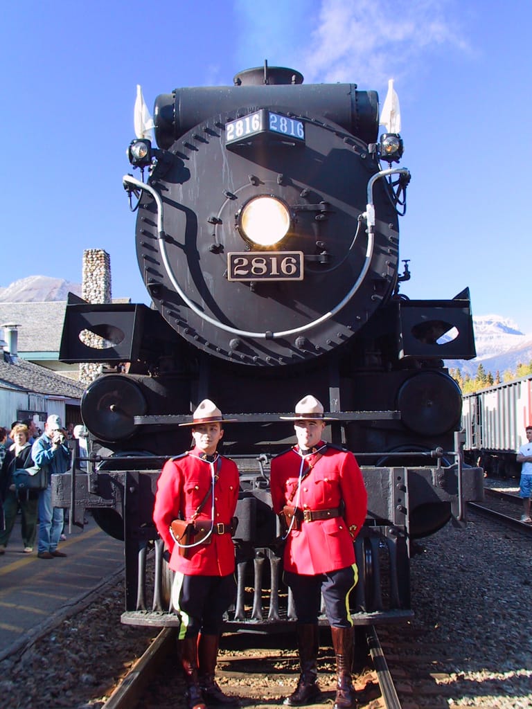 CP 2816 with Mounties at Banff Station, Banff National Park, Alberta, 23 September 2001