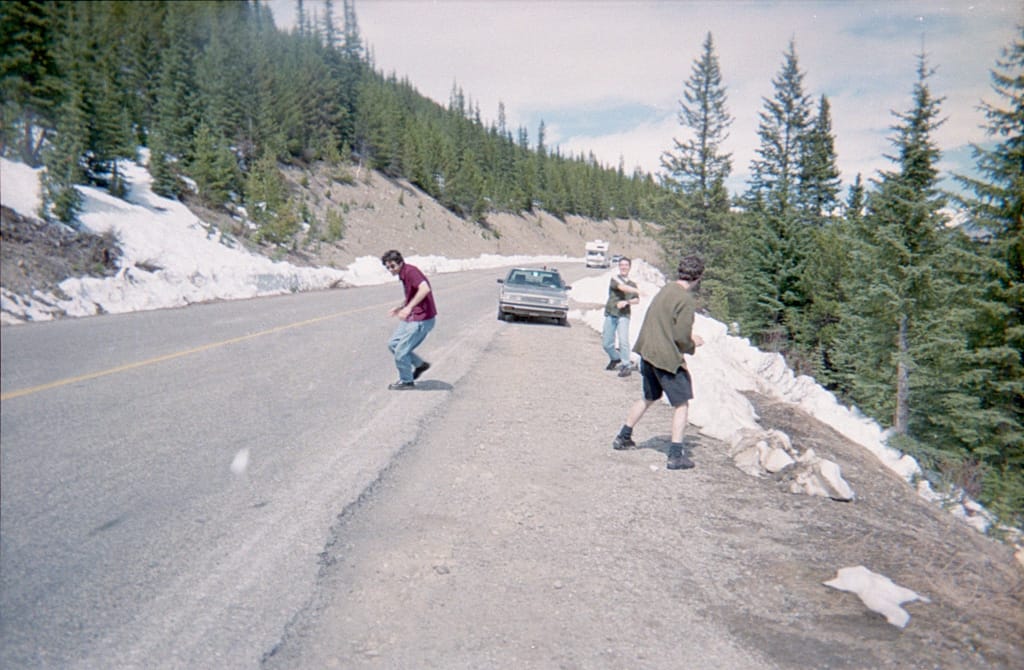 Snowball fight in late May, Banff National Park, Alberta, 25 May 1999