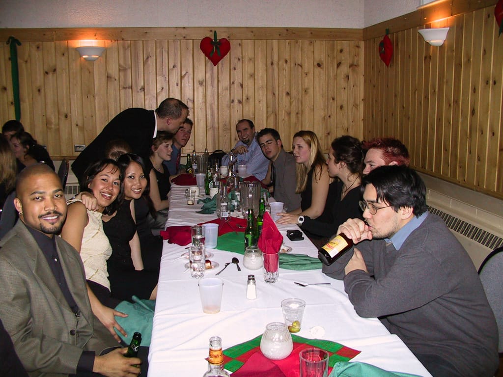 The gang at the 2001 Critical Mass Christmas Party, Scandinavian Centre, Calgary, Alberta, 20 December 2001
