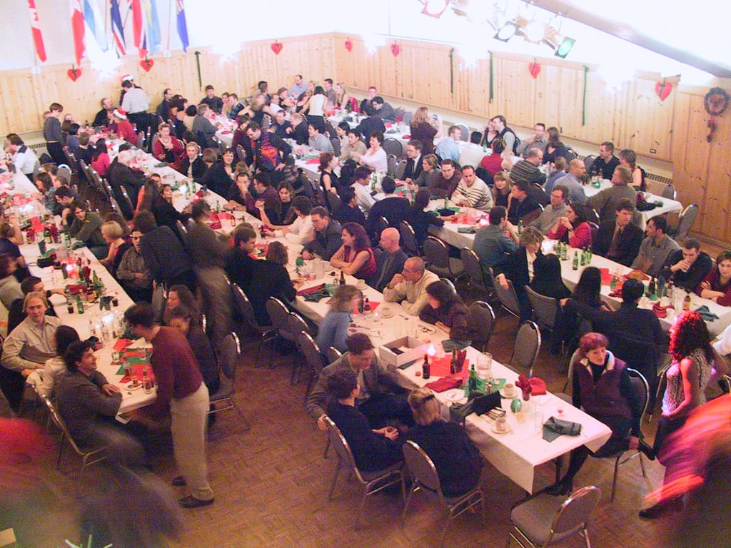 Dinner at the 2001 Critical Mass Christmas Party, Scandinavian Centre, Calgary, Alberta, 20 December 2001