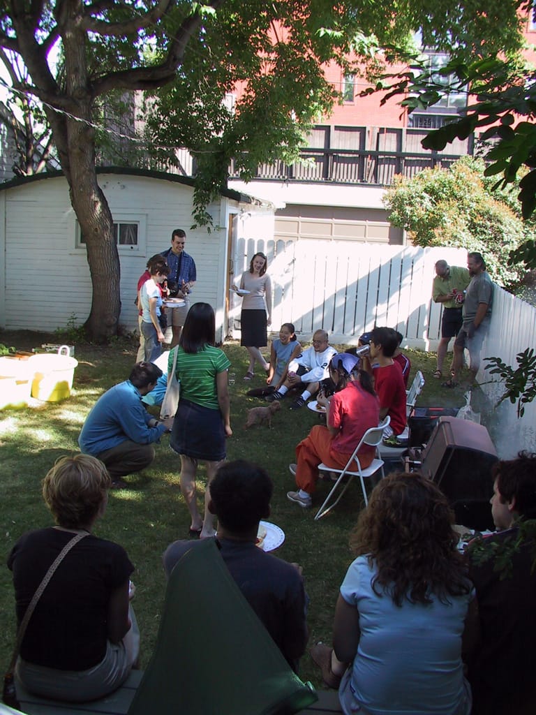 Backyard housewarming-birthday party, Sunnyside, Calgary, Alberta, 20 July 2002