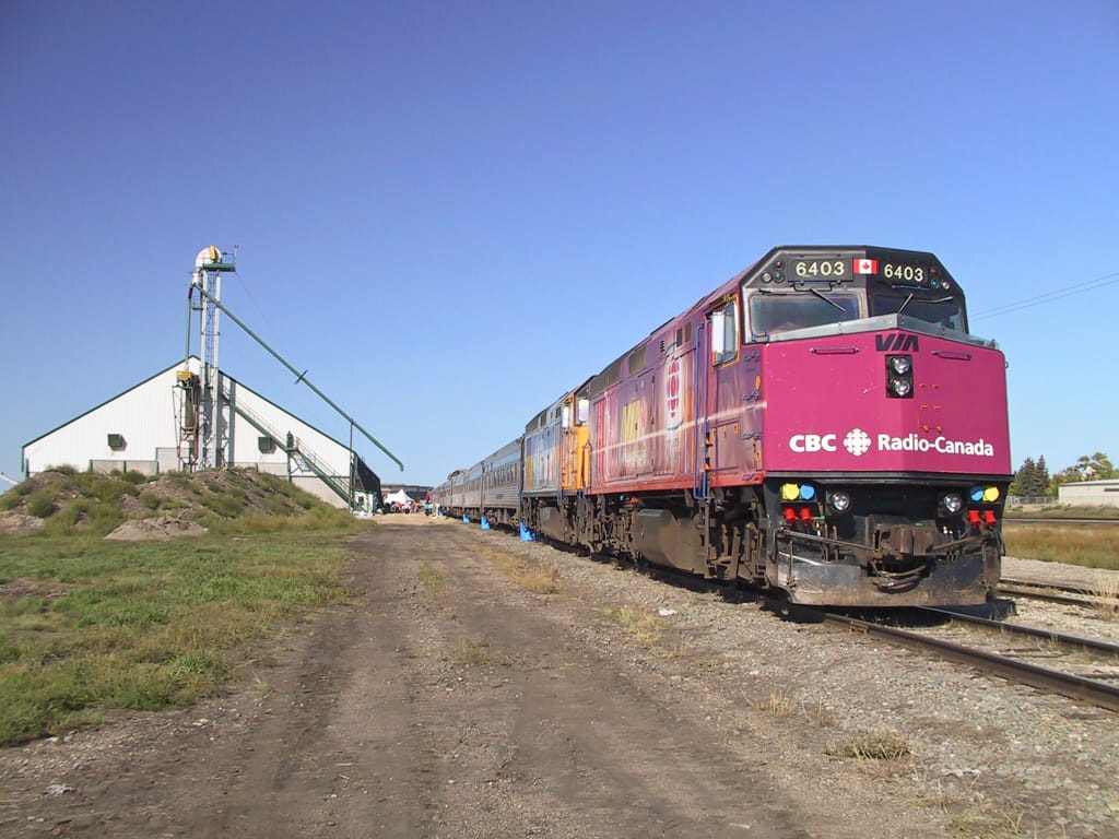 CBC 50th Anniversary VIA Rail train in the railyard of Biggar, Saskatchewan, 12 September 2002