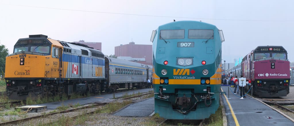 VIA locomotives #6431, #907, and #6403 at Windsor, Ontario, 20 September 2002