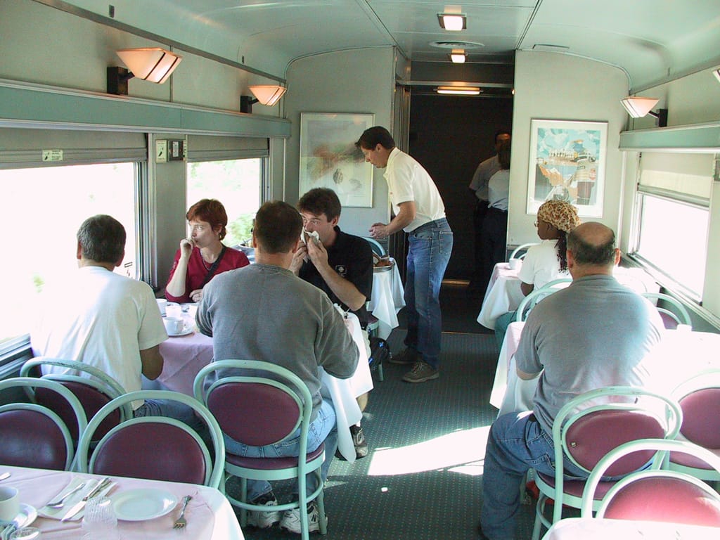 Having lunch on the train somewhere east of Toronto, 24 September 2002