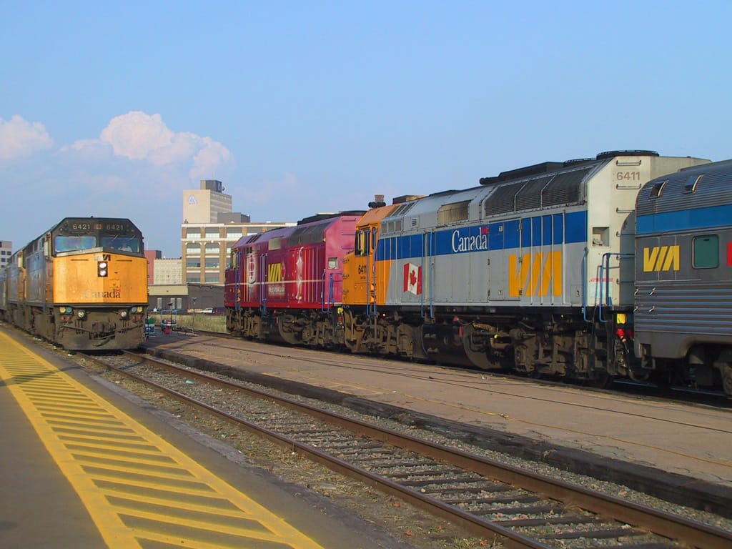 Eastbound Ocean meets the CBC 50th Anniversary VIA Rail train, Moncton, New Brunswick, 2 October 2002
