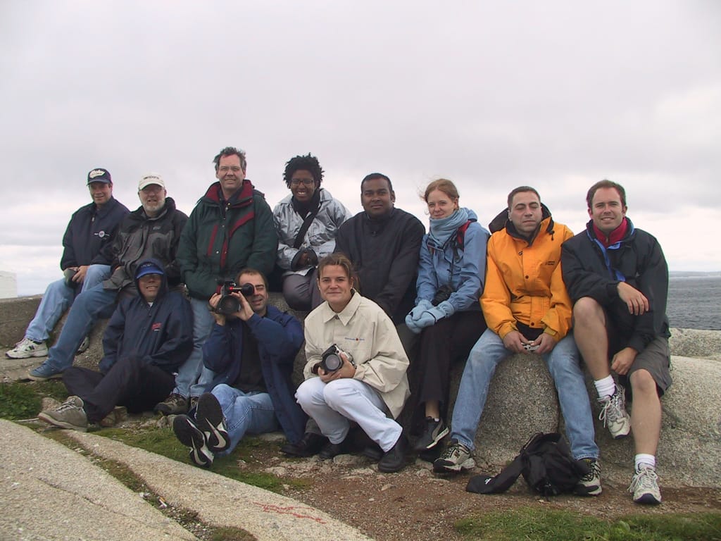 Much of the crew and one idiot in shorts, Peggy's Cove, Nova Scotia, 3 October 2002