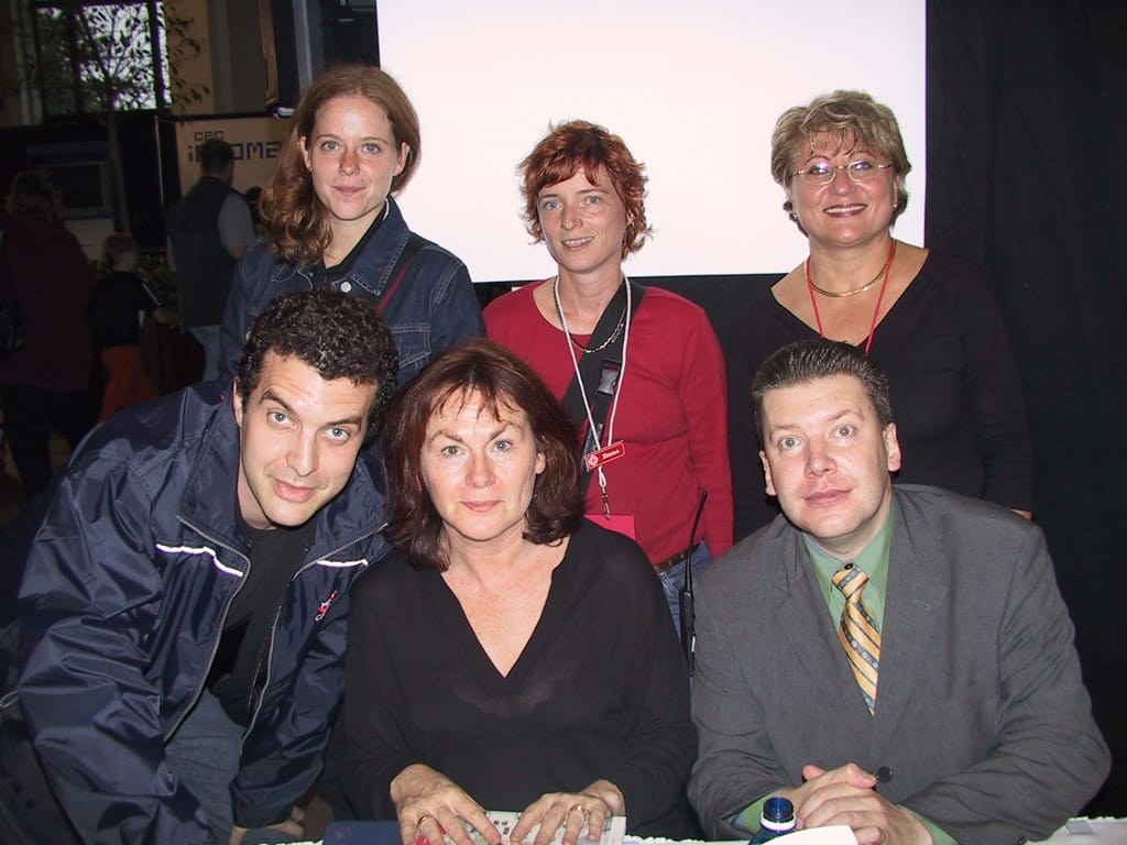 Stephanie, Emma, and Pia, with Rick Mercer, Mary Walsh, and Greg Thomey, Halifax, Nova Scotia, 5 October 2002