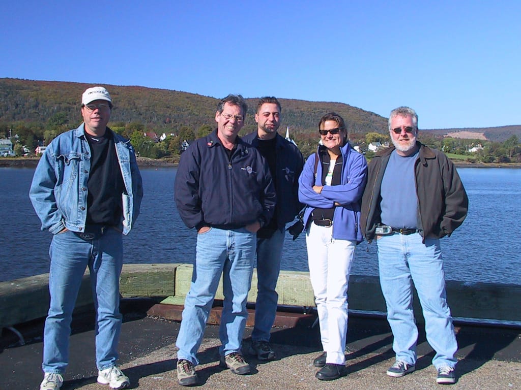 Technical crew and Trish on the shores of the Bay of Fundy, Annapolis Royal, Nova Scotia, 6 October 2002