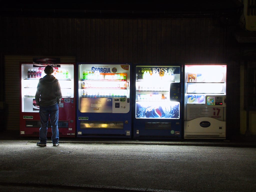 Jen and Vending Machines, Miyajima, Hiroshima, Japan, 29 March 2004