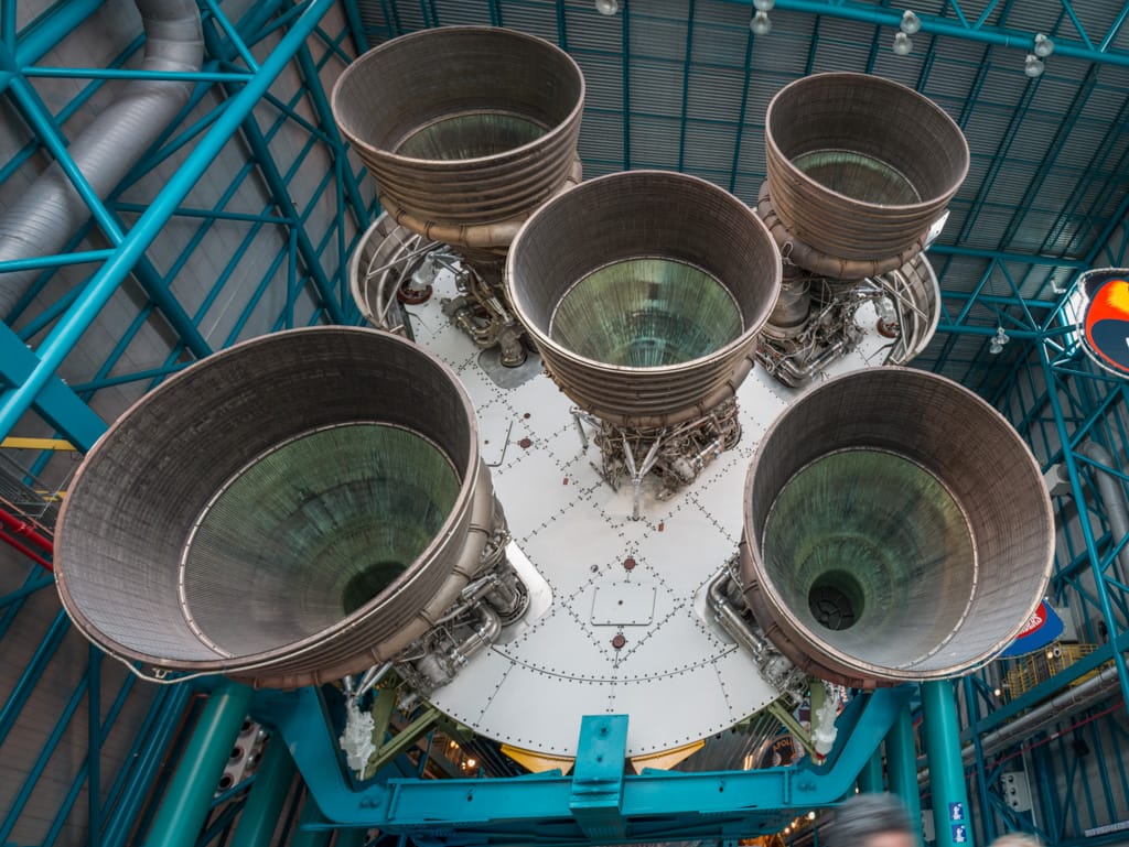 F1 engines of the Saturn V rocket at Kennedy Space Center, Florida, 21 December 2016